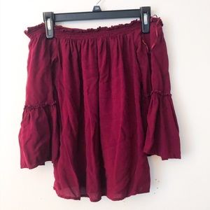 wine colored off the shoulder top w flare sleeves